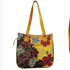 Shina-Leather Floral Hand-painted tote bag.  Some imperfections 12 x 12 NWT